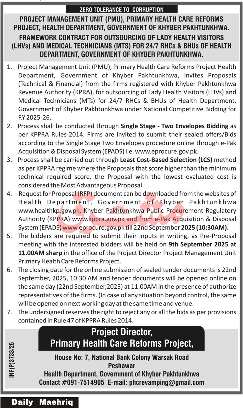 Primary Health Care Reforms Peshawar Tender Notice